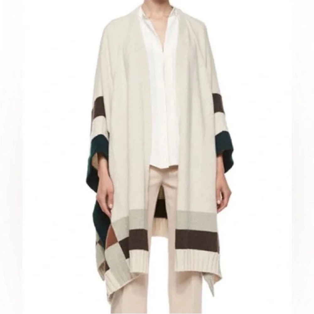 Derek Lam 100% Superfine Wool Ivy Brown Tan Gray Colorblock Sweater Poncho OS